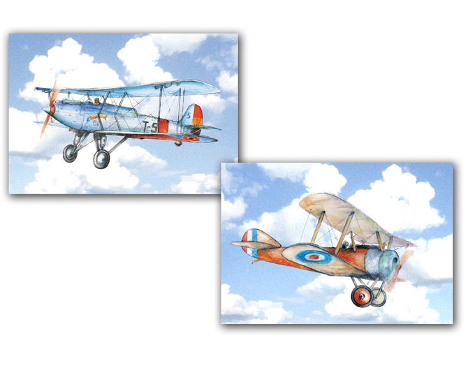 Airplane in sky decor Airplanes flying in clouds print Nursery aviation theme Vintage aviation painting Boys nursery wall art