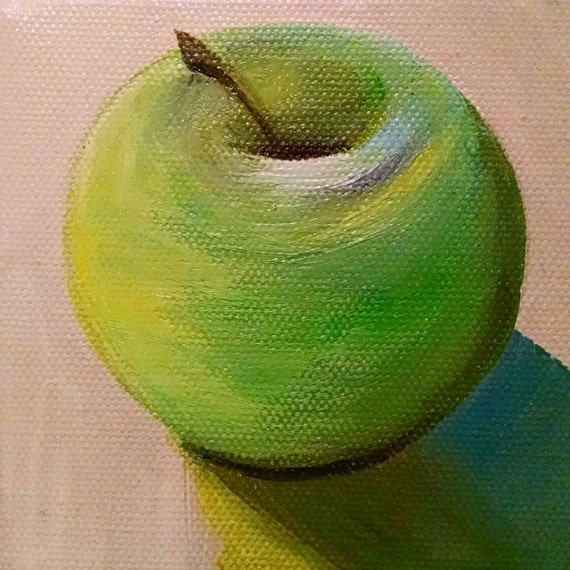 4 x 4 Acrylic Painting Green Apple Still Life Art