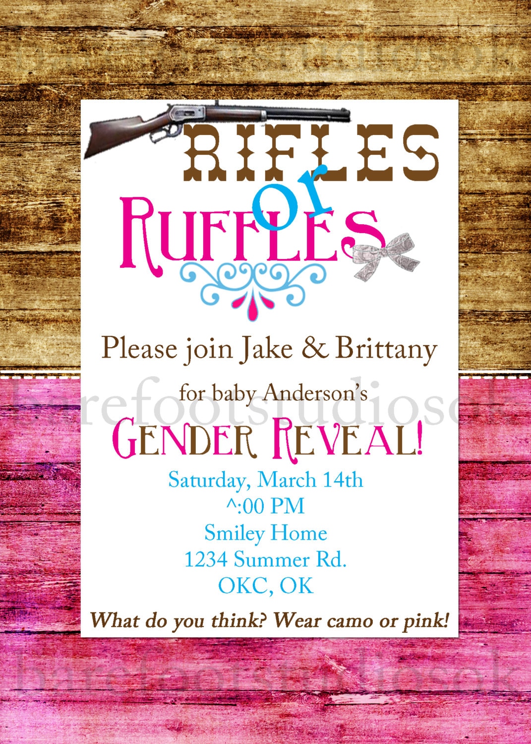Rifles or Ruffles Gender Reveal Invitation Rifles or Ruffles