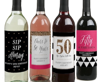 50th Birthday Wine Bottle Labels - Custom Chic 50th Birthday Wine Bottle Labels - Funny Personalized Wine Gift for Women - Set of 4 Labels