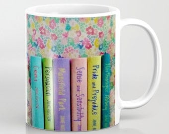 Jane Austen Library mug: coffee, tea, cup, books, book, librarian, pastel