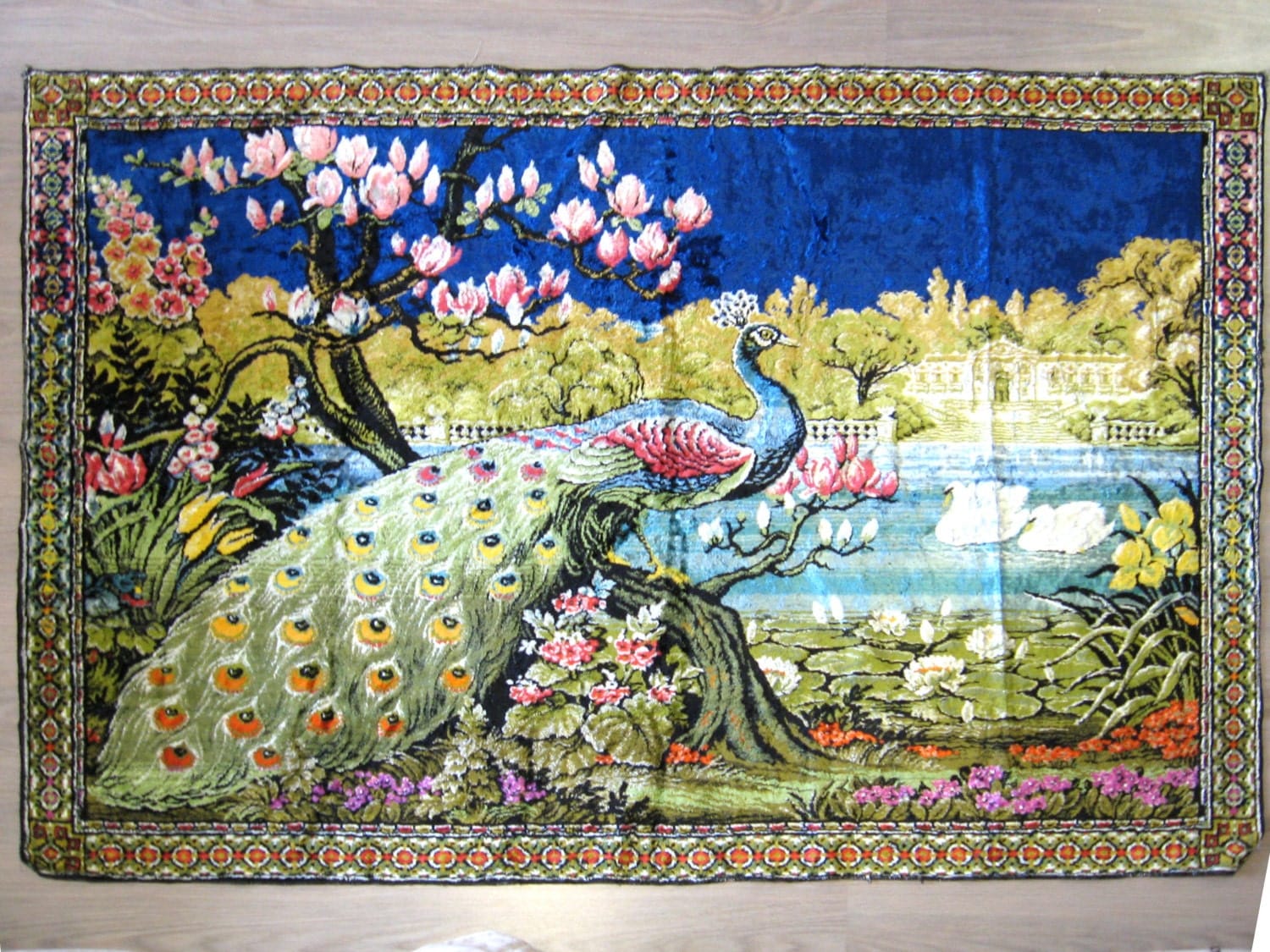 Vintage velvet tapestry/ peacock wall rug/ crushed velvet wall
