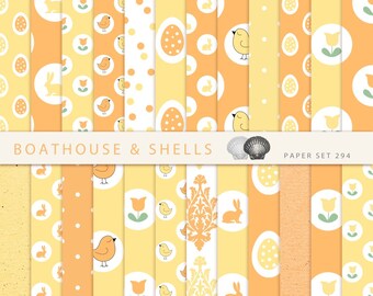 EASTER & SPRING in orange and yellow, Scrapbooking digital paper pack - 24 papers with birds/eggs/bunnies print - download - printable - 294