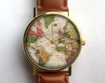 World Map Watch, Vintage Map, Antique Map, Wanderlust, Ladies Watch, Men's Watch, Unisex Watch, Traveler Gift, Vintage Watch, Custom Watch