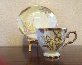 TEA CUP and SAUCER, Luster Ware Tea Cup and Saucer, Daffodil Tea Cup and Saucer