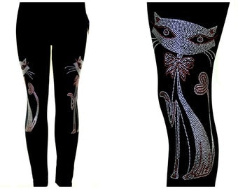Regular Size Black Contouring Full Length Leggings Embellished All Rhinestone Cat With Heart Tail Design