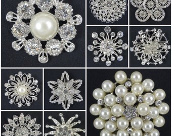 SALE Large Crystal rhinestone pearl brooches embellishments bridal wedding bouquet accessories flower centers