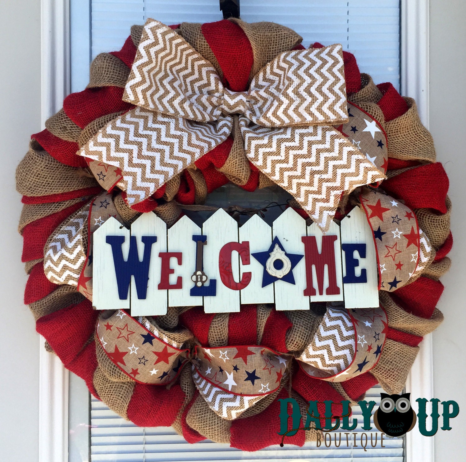 Burlap Wreath - 4th of July - White Chevron, Red, Natural and Blue Burlap - Fourth of July  - Burlap Wreath Decor -Welcome  Door Wreath