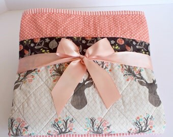 Baby Quilts for Girls, Deer Nursery Bedding, Deer Baby Blanket, Whole Cloth Quilt, Baby Quilt Handmade, Forest Animal Nursery, Crib Quilt
