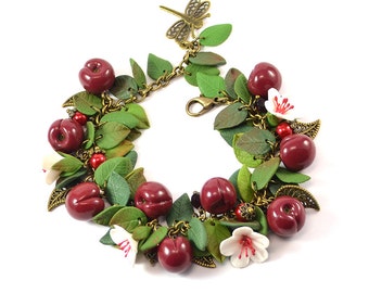 Cherry Berry cha cha charm Bracelet - Polymer clay jewelry - Great gift - Cherry bracelet handmade
