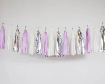 Ivory, Silver, Lilac Tassel Garland, Lilac Silver Garland, Light Purple Garland, Orchid Baby Shower, Orchid Wedding, Orchid Bridal Shower