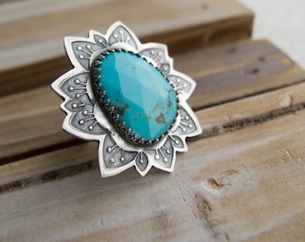Sterling Silver Rings For Women, Turquoise Rings For Women, Flower Ring, Big Silver Rings, Sundance Style Jewelry, Statement Ring, OOAK