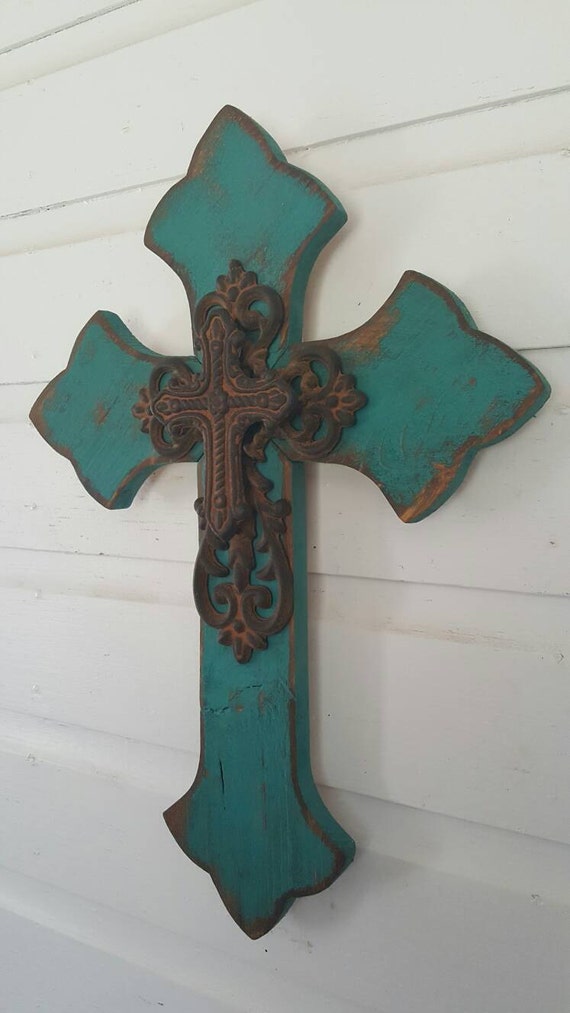 Teal FleurDeLis Wall Cross Hanging Cross Decor Distressed