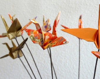 Japanese Origami Paper Cranes on stems - set of 10