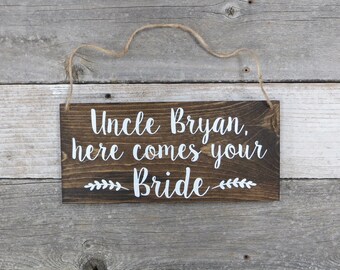 Personalized Hand Painted Wood Wedding Sign Name & "Here Comes Your Bride"-Ring Bearer Sign, Flower Girl Sign, Wedding Ceremony - 12"x5.5"