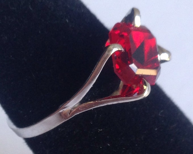 Storewide 25% Off SALE Vintage Sterling Silver Ruby Red Faceted Solitaire Cocktail Ring Featuring Elegant Prong Set Design