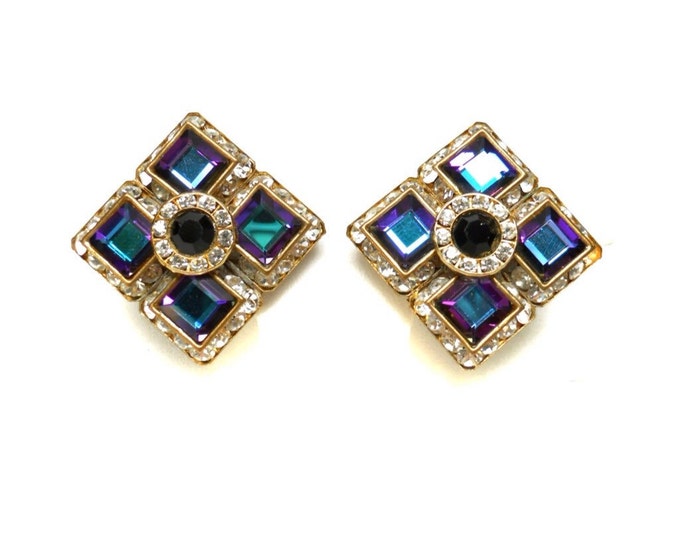 Storewide 25% Off SALE Exquisite Vintage Gold Washed Square Designer Rhinestone Earrings Featuring Unique Mirrored Design