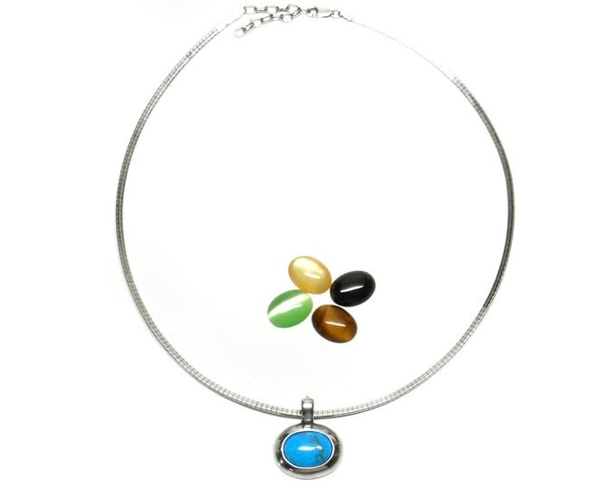 Storewide 25% Off SALE Vintage Silver Tone Omega Style Necklace With Interchangeable Turquoise Pendant Featuring Four Additional Pendant Ins