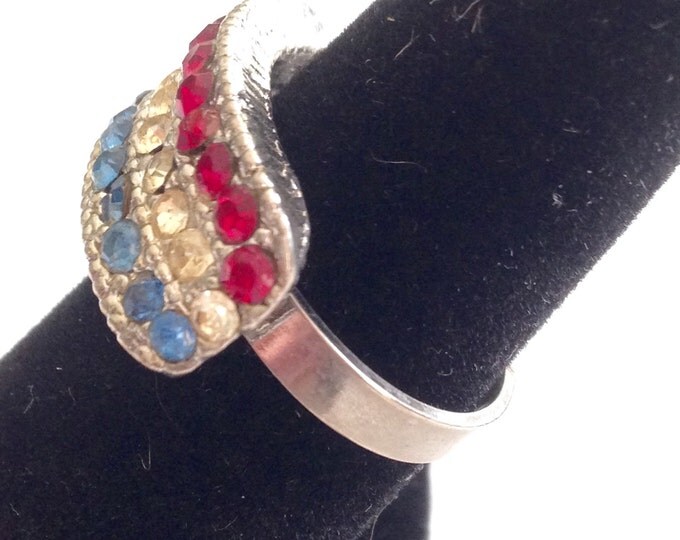 Storewide 25% Off SALE Vintage Silver Tone Rhinestone Encrusted Dome Style Designer Ring Featuring Channel Set Patriotic Design With Adjusta