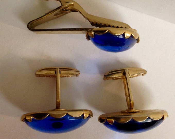 Storewide 25% Off SALE Vintage Gold Tone Bright Royal Blue Matching Tie Bar Cufflink Set Featuring Oversized Multi Dimensional Design Finish