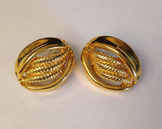 Storewide 25% Off SALE Vintage Gold Tone Triple Stranded Designer Dome Earrings Featuring Elegant Braided Style Design