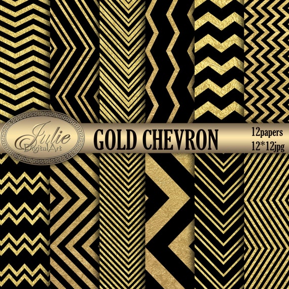 Gold and black chevron digital paper Wedding foil Metallic