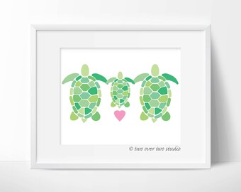 Turtle Family Digital Print: "TURTLE FAMILY" with Pink Heart Printable Art for Nursery, Kids Room, New Baby, Baby Shower Gift
