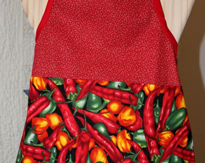 Childs Chili Pepper Cooking Apron. Red with large Chili Pepper Pocket. BBQ with Dad or Cooking with Mom