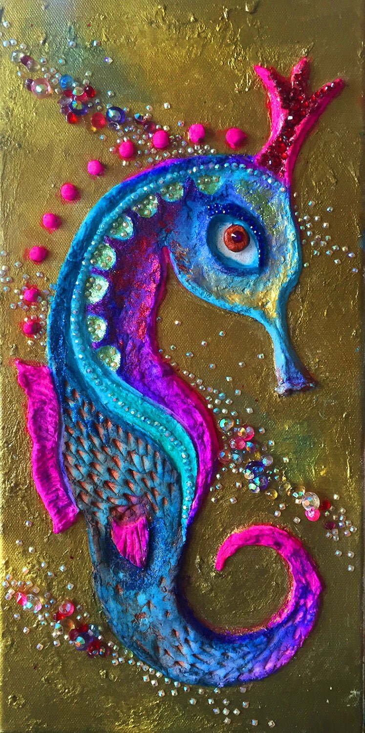 Mixed media seahorse vertical canvas with glass pieces