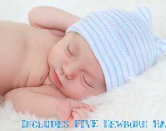 FIVE Newborn Hospital Hats - Includes FIVE Baby Beanies & 2 Pairs of Mittens. (Baby boy, baby girl, baby hospital hats, newborn hats)