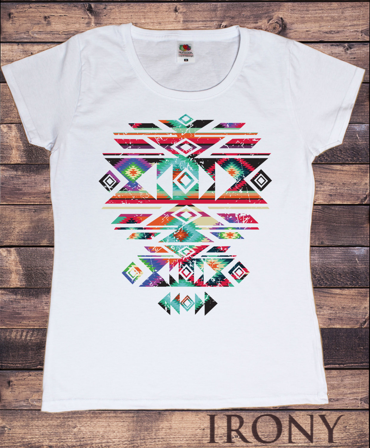 Womens White TShirt With Aztec/Pattern Motif Tribal Print