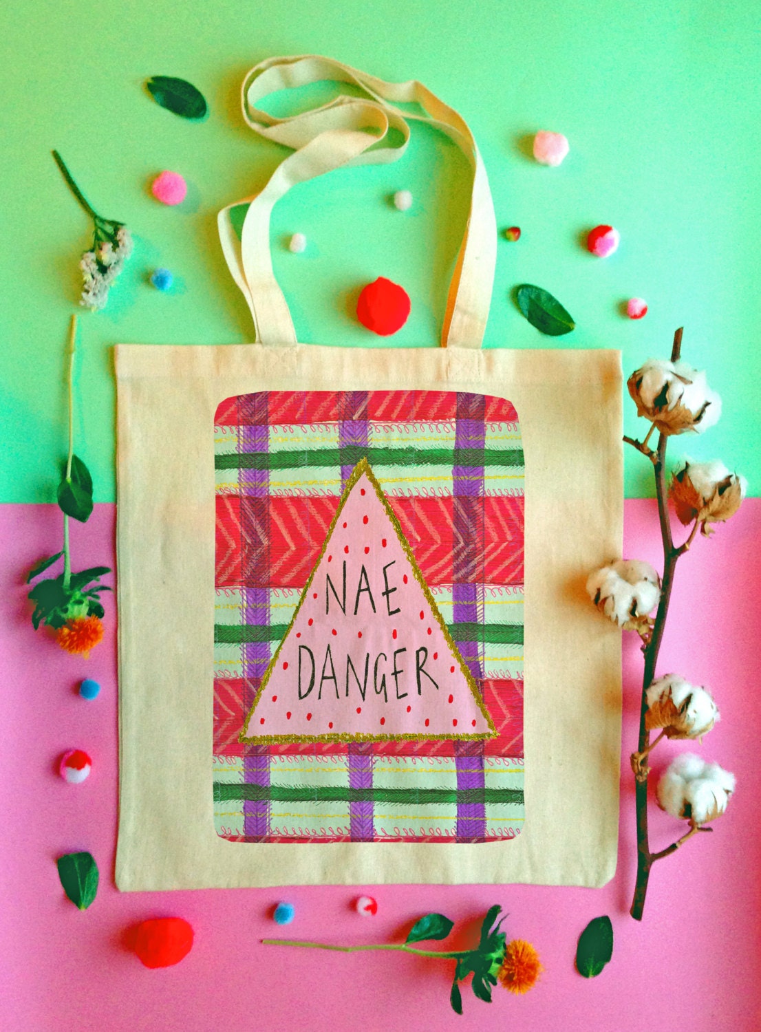 NAE DANGER Tote Bag Scottish Slang Phrase Illustrated Tote