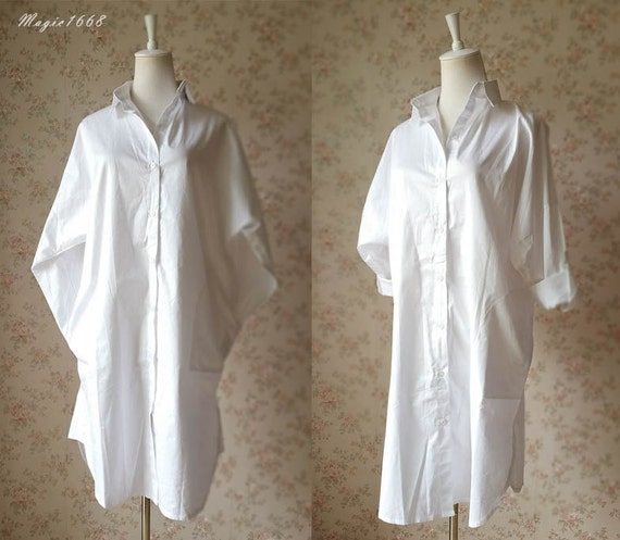 Over-sized White Cotton Long Blouse Plus Long Cotton Tops