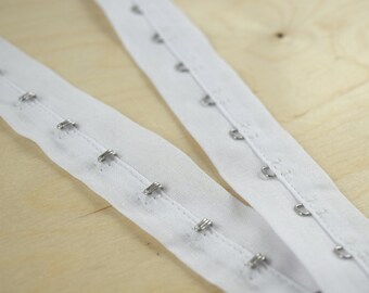 White COTTON Hook and Eye Tape With Apron. Small Silver Metal Hook n Eyes and White Cotton Trim