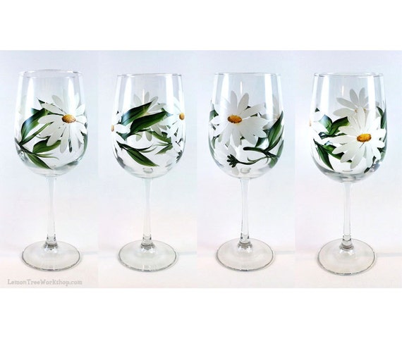 Hand Painted Daisy Wine Glasses White Daisies Set of 4