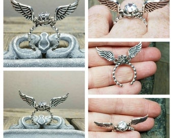 Sterling Silver Zircon Adjustable Ring/Snitch Harry Potter Ring/ Angel Wing Ring/Snitch Silver Ring/Very comfortable