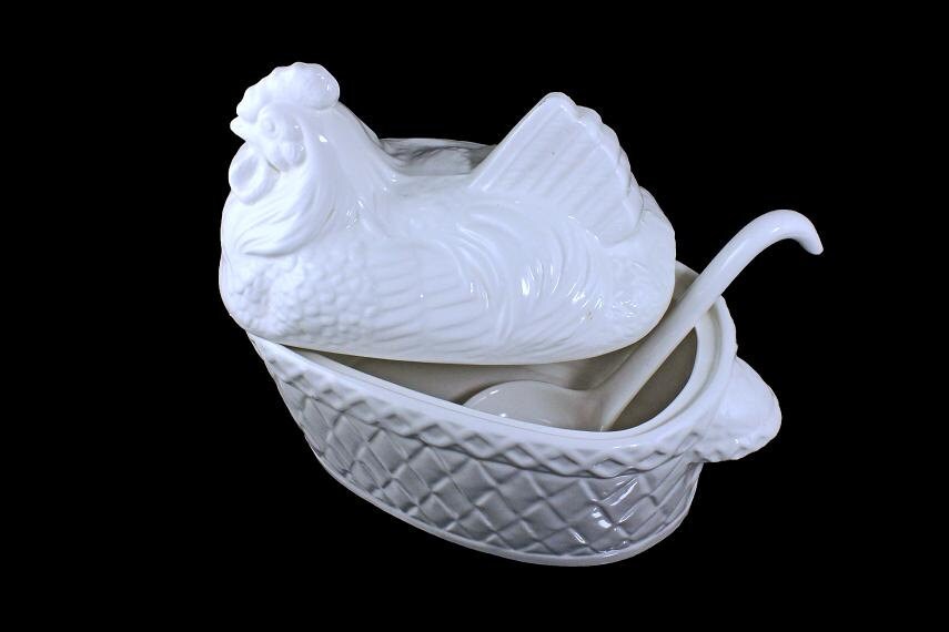 Soup Tureen With Ladle, Hen on Basket, Kitchen Gourmet Himark, Made In Japan, Ceramic, White