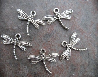 Dragonfly charms Package of 5 charms perfect for adjustable bangle bracelets Antique silver finish dragonfly charms