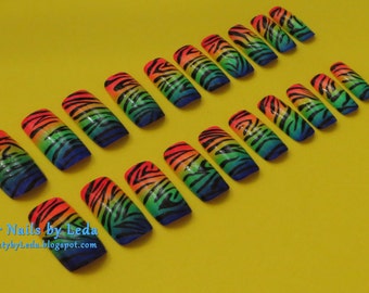 rainbow gradient, zebra print nails, long nails, zebra stripe print, zebra stripes, fake nails, square nails, gradient nails, animal print