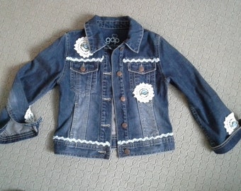 DENIM JACKET, jean jacket, boho crochet jacket, cowgirl outfit, bohemian denim jacket, birthday top coat, blue white denim, 7 8 9 year old