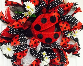 Ladybug Wreath, Red Black Lady Bug Wreath, Spring Wreath