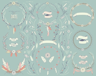 Boho Wreaths Clipart - 67 PNG & Vector Designs - Boho Chic Save The Date Set, Florals, and Hand Drawn Design Elements Clip Art