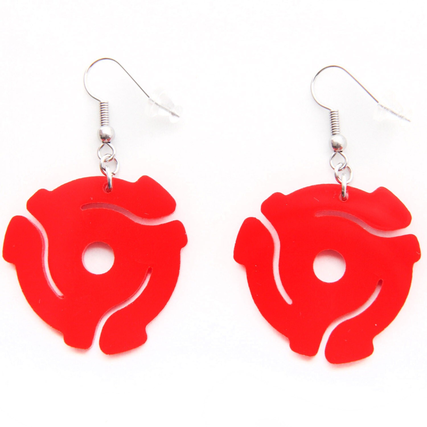 Red Acrylic 45 Record Spacer Dangle Hook Earrings