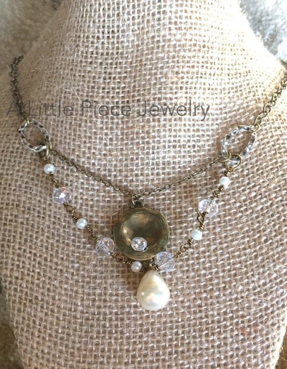 Pearl and Crystal Antique Brass Pendant Necklace