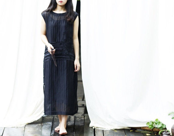 Black Embroideried Textured Silk Linen Dress Bonlife By Bonlife 