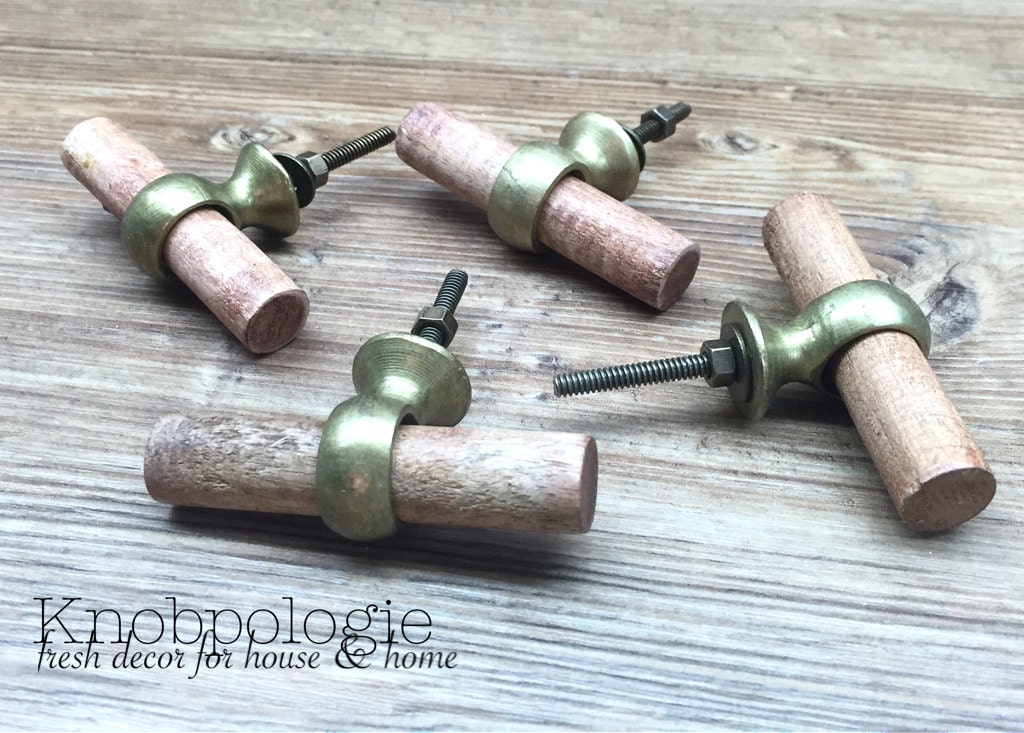 Wood and Brass Loop Drawer Handle Oak Dowel Drawer Pull