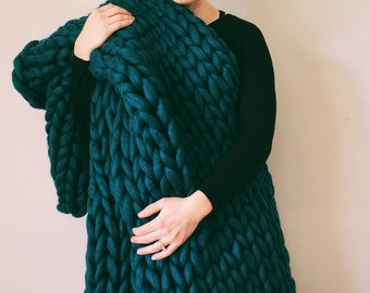 Super Chunky Merino Throw // Arm Knit Blanket // Chunky Teal Blanket // Chunky Blanket // Chunky Knit // Giant Blanket // Extreme Knitting