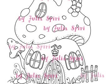 Digital Stamps Digi Stamp Coloring Pages Mushroom House Forest Fantasy Scrapbooking Line Art The