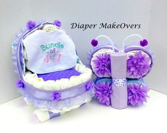 Baby Girl Gift Set - Girl Diaper Cake - Unique Baby Shower Centerpiece - Unique Baby Gift - Butterfly and Baby Carriage Diaper Cake