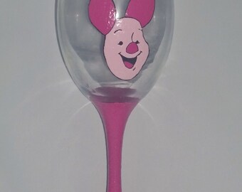 Hand painted Piglet wine glass